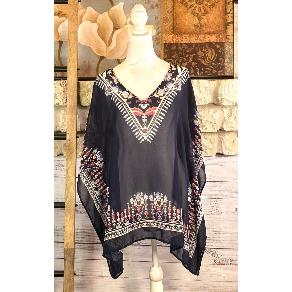 Chicos Navy Blue Floral Sheer Poncho Overlay Top V-Neck S/M Boho